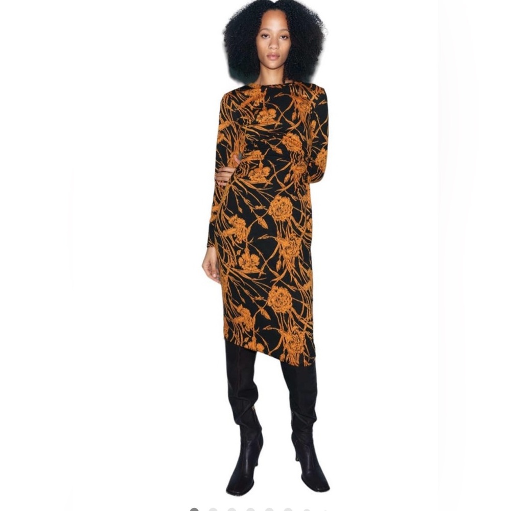 ZARA Black & Orange Floral Jacquard Cut Out Midi Dress